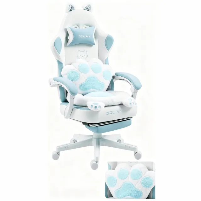 Dowinx Gaming‑Stoel Wit‑Lichtblauw met afneembare PC‑stoel met uittrekbare voetsteun, 52,1 cm brede zitting zonder zijvleugels, 90‑145° verstelbaar, zakveren vulling, Kawaii gamer stoel voor meisjes & tieners, tot 136 kg belastbaar