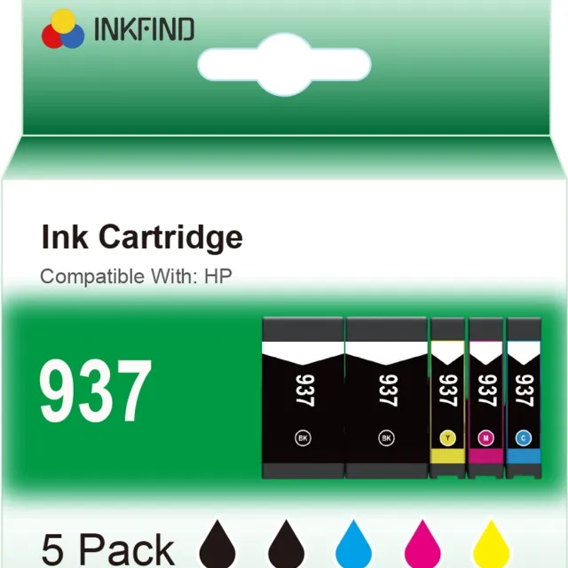 INKFIND 937 Zwart/Zwart/Cyaan/Magenta/Geel inktcartridge compatibel met HP 937 937e 6C400NE 5 Pack geschikt voor HP OfficeJet Pro 9730e 9720e 9122e; 9125e; 9110b; 9135e; 9130b; 9132e; 9120e; 9117b; 9120b - 5-pack Zwart/Zwart/Cyaan/Magenta/Geel Zwart x 2, Cyaan x 1, Magenta x 1, Geel x 1