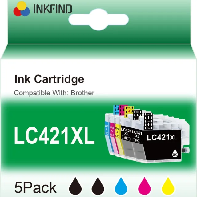INKFIND LC421XL inktcartridges Multipack voor BrotherLC421 BrotherLC421XL Brother LC421XL LC421 5 stuks (2 x zwart, 1 x cyaan, 1 x magenta, 1 x geel) Geschikt voor Brother LC421 LC421X voor Brother DCP J1140DW DCP J1050DW DCP J1800DW MFC J1010DW Zwart x 2, CYAAN x 1, MAGENTA x 1, GEEL x 1