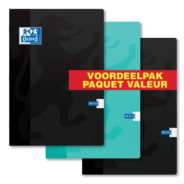Oxford School schrift, ft A4, 72 bladzijden, geruit 10 mm, pak van 3 stuks, geassorteerde kleuren blauw