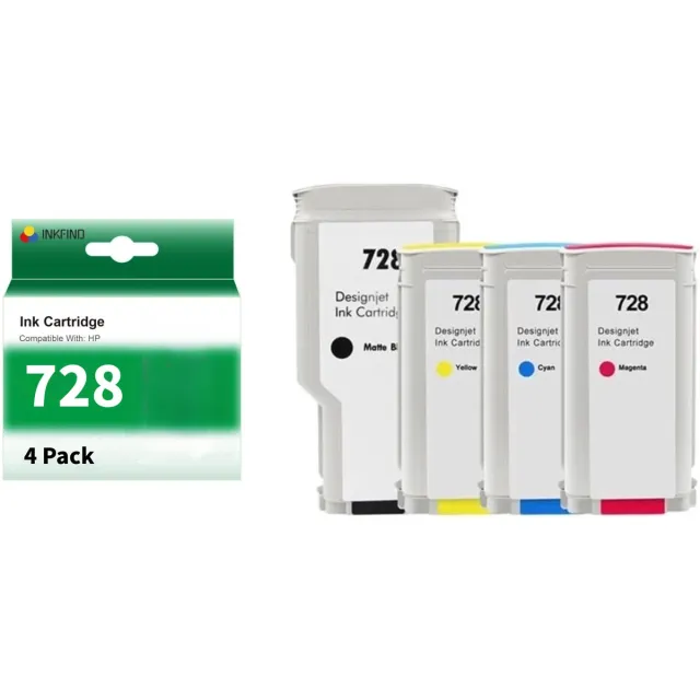 INKFIND 728 Zwart/Cyaan/Magenta/Geel vervangt HP 728 multipack zwart + 3 kleuren F9J68A/F9J67A/F9J66A/F9J65A hoge capaciteit - 4-pack MBKCMY Zwart x 1, Magenta x 1, Cyaan x 1, Geel x 1