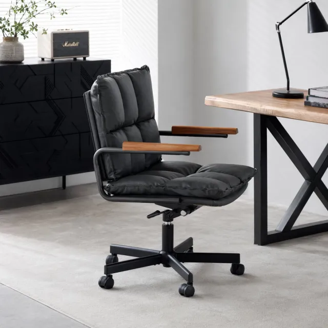 DESMIU Bureaustoel - Zwart Kunstleer - Ergonomische Draaistoel Met Wielen En Vaste Armleuningen - Voor Thuiswerk En Kantoor - Metaal
