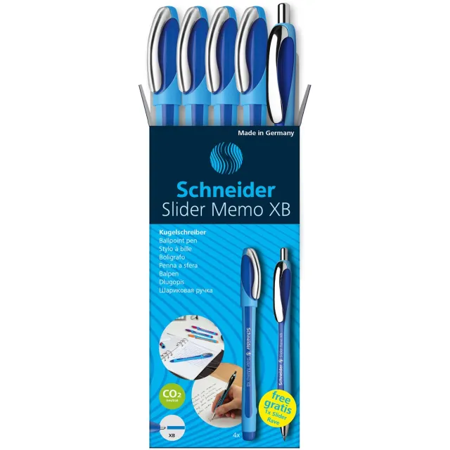 Schneider balpen Slider Memo, extra breed, blauw, 4 stuks + 1 Rave GRATIS