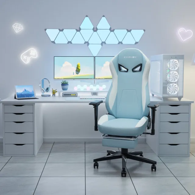 MIVRAY Gamingstoel 60 x 53 x 132 cm Ergonomisch Met Voetsteun Hoofdsteun Lendensteun En 4D Armleuningen Voor Bureau En Gamen Stof Lichtblauw Wit Light Blue