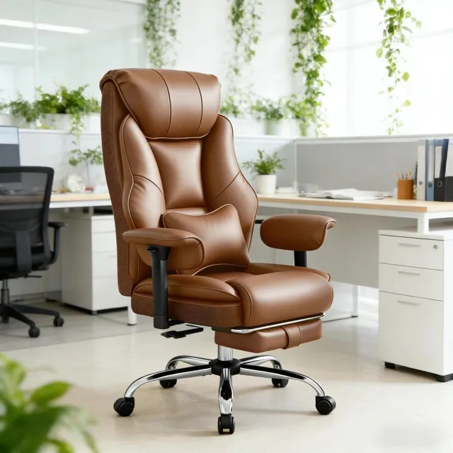 REDOM Bureaustoel - Ergonomisch met hoge rugleuning en hoofdsteun - Verstelbare armleuningen en voetsteun - Kunstleer - Bruin - 77 x 71 x 118-125,5 cm Brown