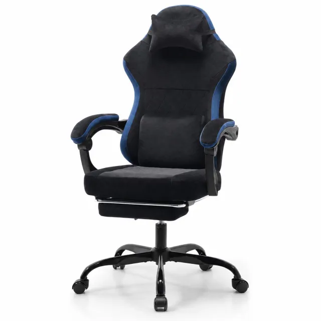 REDOM Gamingstoel - Ergonomisch - Verstelbare zithoogte - Hoofdsteun en lendenkussen - Kantelbare rugleuning - Armleuningen - Wielen - Stof - Zwart en blauw - 58,5 x 63 x 120,5 cm