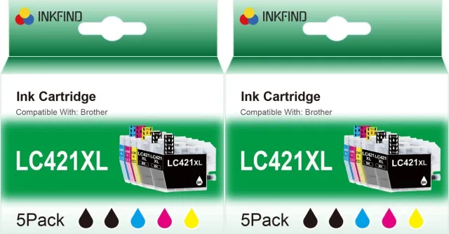 INKFIND LC421XL inktcartridges voor BrotherLC421 BrotherLC421XL Brother LC421XL LC421 Multipack van 10 stuks (2 x 5pack= 4 x Zwart, 2 x Cyaan, 2 x Magenta, 2 x Geel) geschikt voor Brother DCP J1140DW J1050DW J1800DW MFC J1010DW Zwart x 4, Cyaan x 2, Magenta x 2, Geel x 2