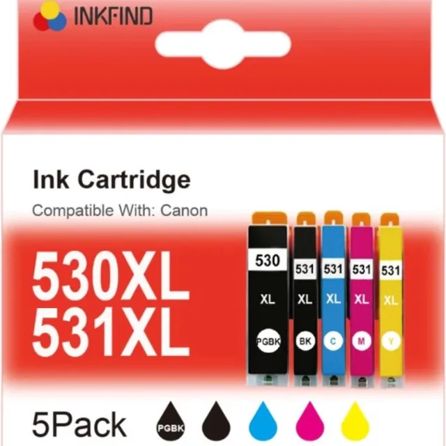 INKFIND PGI-530 CLI-531 inkt voor Canon PGI-530 Canon CLI-531 Canon PGI530 530 531 CanonCLI531 Canon CLI531 Canon 530 Canon530 Canon 531 Canon531 inktcartridges multipack van 5 stuks voor Printers: Canon PIXMA TS8750/TS8751 Photo Zwart x 1, Zwart x 1, Cyaan x 1, Magenta x 1, Geel x 1