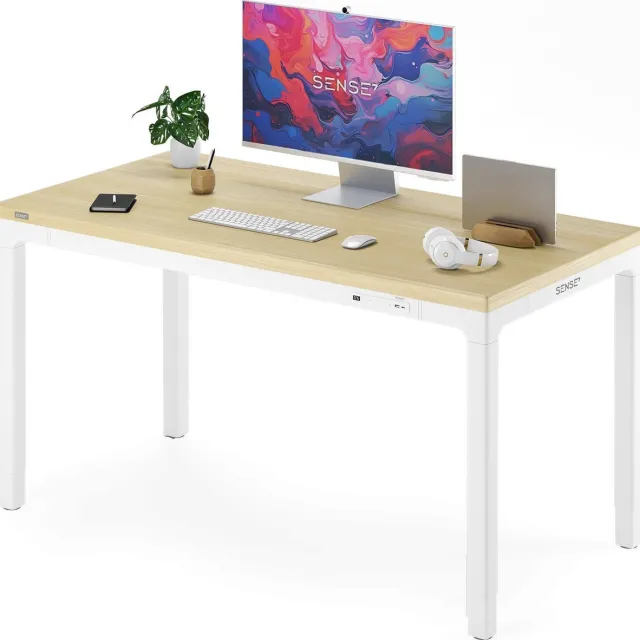 SENSE7 MANMA - Computerbureau - 160 x 80 cm - Elektrische Hoogteverstelling - Gamingbureau - Geheugenfunctie - voor USB 2.0- en USB-C-lader - Wit / Lichtbruin