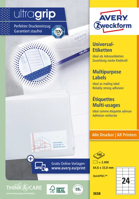 Avery Zweckform Etiket Avery 3658 64.6x33.8mm wit 2400 stuks