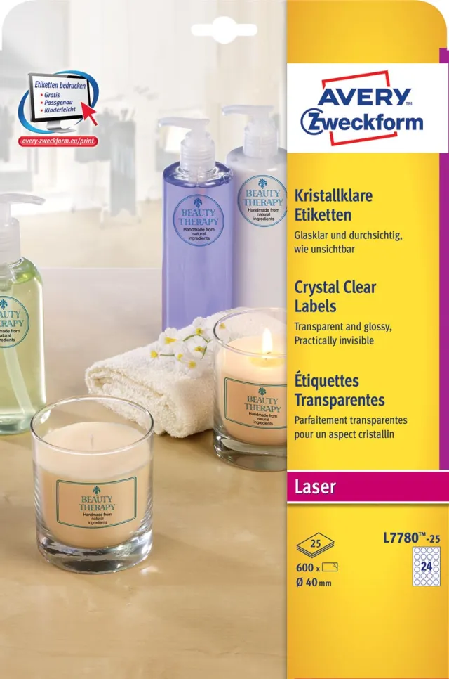 Avery Zweckform Avery transparante Crystal Clear etiketten diameter 40 mm, 600 etiketten, 24 per vel