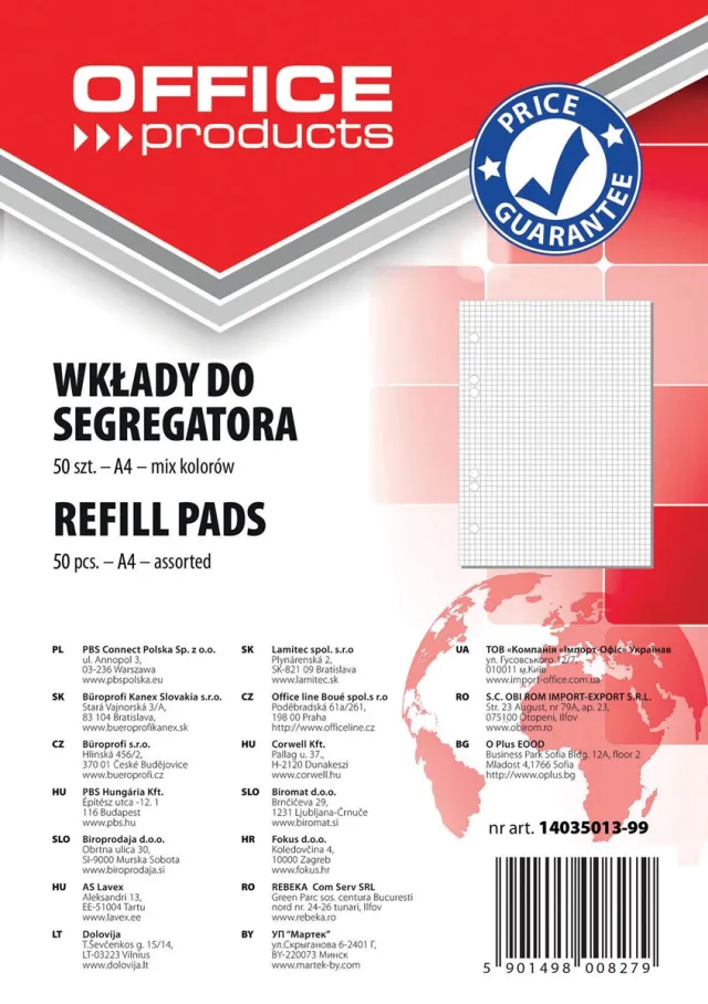 Office Products ringbandinterieur, A4, 80 g, 6 gaten, 50 vellen, geruit, geassorteerde kleuren blauw