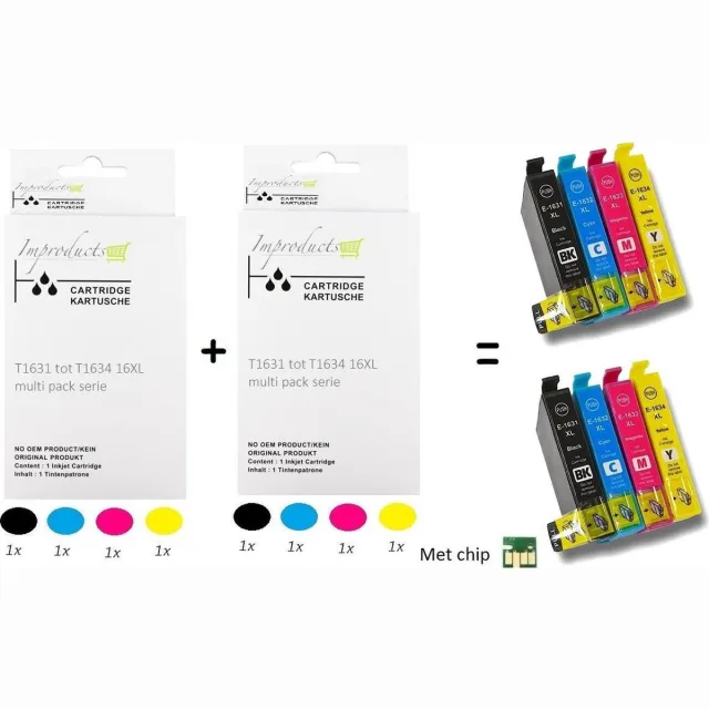 Improducts Inkt cartridges - Alternatief Epson 16XL / 16 XL 8 stuks Multicolor - Zwart (2x), Cyaan (2x), Magenta (2x), Geel (2x)