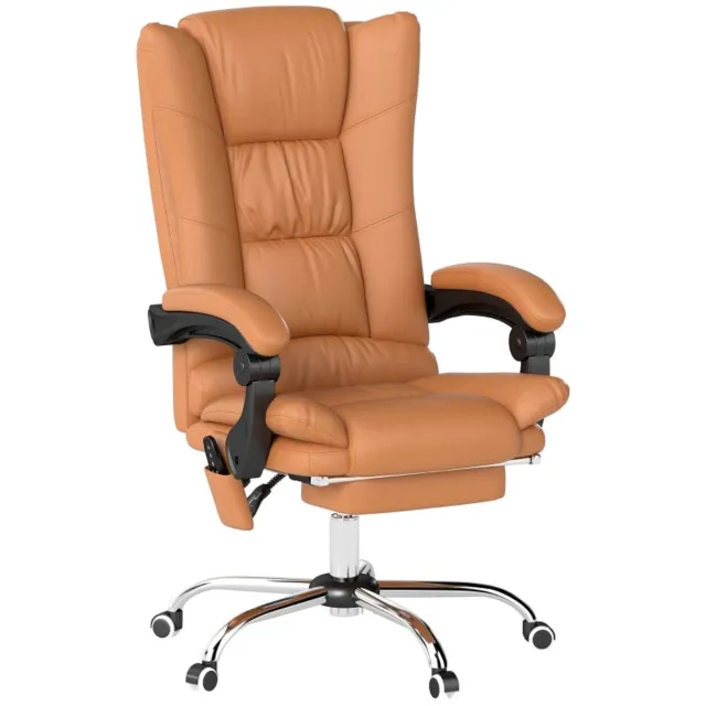 Merax Massage Bureaustoel met Verwarming – Verstelbare Rugleuning en Uittrekbare Voetsteun – Ergonomische Luxe PC Stoel – Hellbruin