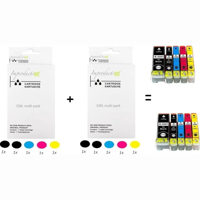 Improducts Inkt cartridges - Alternatief Epson 33XL 33 XL T3357 10 box Multicolor - Zwart: 16ml (2x), Zwart: 26ml (2x), Cyaan (2x), Magenta (2x), Geel (2x)