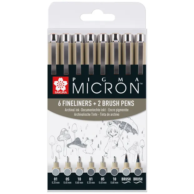 Sakura Fineliner en brushpen Sakura Pigma Micron koudgrijs set à 8 stuks assorti