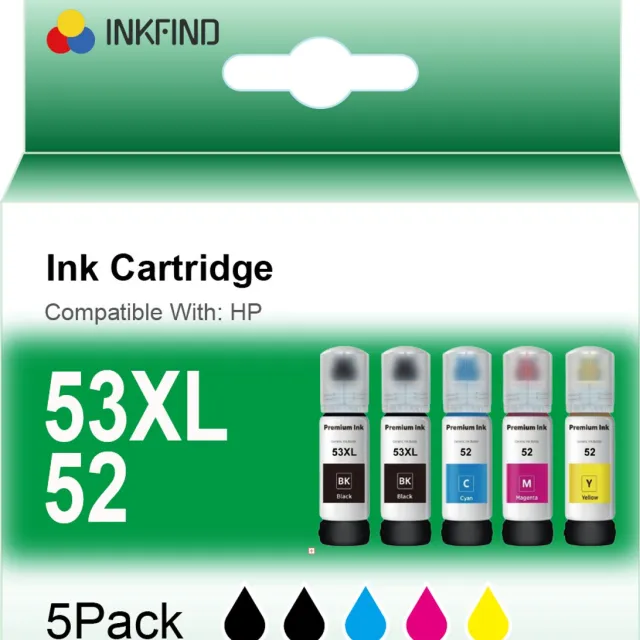 INKFIND GT53XL GT52 inkt Geschikt voor HP GT53XL HPGT53XL HPGT51 HP GT51 HP GT52 HPGT52 inkt tank multipack 5 stuks (2 x Zwart, 1 x Cyaan, Magenta, Geel) voor HP Ink Tank 115 310 315 318 319 Wireless 410 415 416 418 419 DeskJet GT 5810 5820 5812 5822 2 x Zwart 90ml, 1 x Cyaan 70ml, 1 x Magenta 70ml, 1 x Geel 70ml