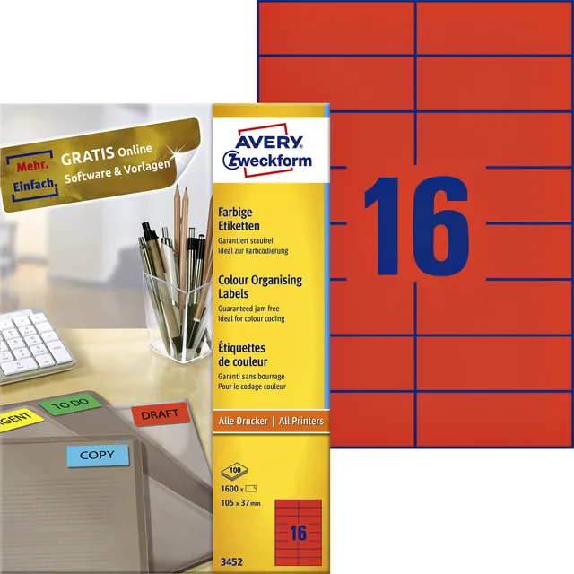 Avery Zweckform Etiket Avery 3452 105x37mm rood 1600 stuks