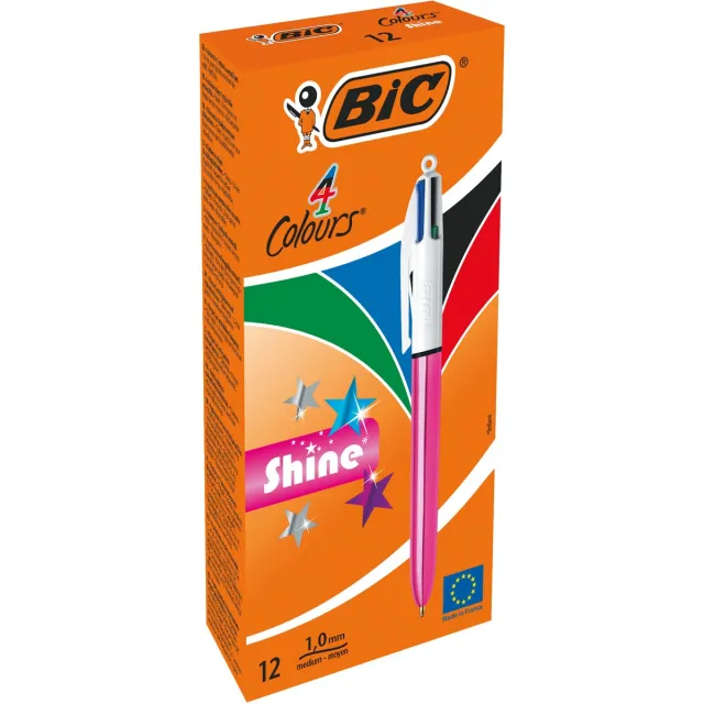 Bic Colours Shine 4-kleurenbalpen, medium, klassieke inktkleuren, lichaam metallic roze blauw