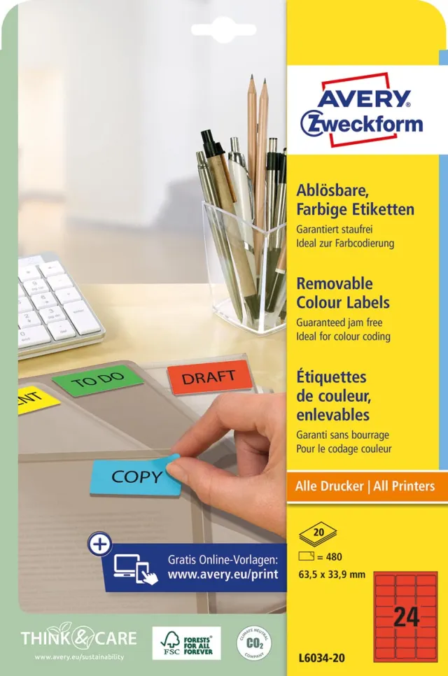 Avery Zweckform Avery afneembare gekleurde etiketten ft 63,5 x 33,9 mm (b x h), 480 stuks, 24 per blad, rood