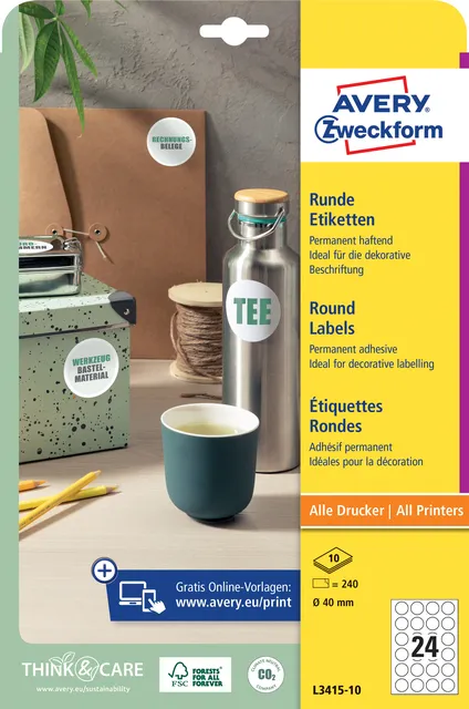 Avery Zweckform Etiket Avery L3415-10 rond 40mm wit 240 stuks