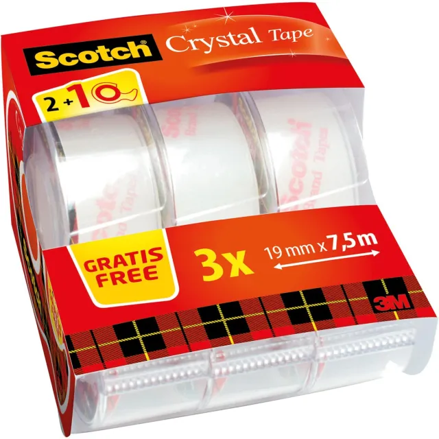 Scotch Crystal tape, rekverpakking, 19 mm x 7.5 m, 2 rollen + 1 gratis geel