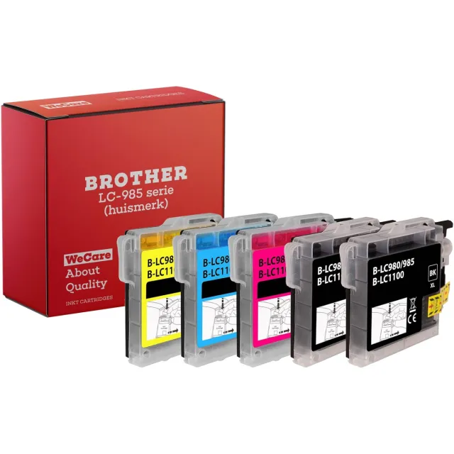 WeCare 5-pack | Geschikt voor Brother LC985 XL Inktcartridges - 2x Zwart - 1x C, M & Y - Geschikt voor MFC/DCP J125 - J140W - J315W - J515W -J220 - J265W - J410 - J415W Multipack 5 cartridges | 2x BK, 1x CMY