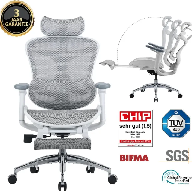 Sihoo Doro C300 JT Ergonomische Bureaustoel - 3D Armleuningen - Zelfaanpassende Lendensteun - Slim Gewichtsmechanisme - Mesh Rugleuning - 3 Kantelstanden - TUV/SGS Gecertificeerd - Tot 150kg - 70x69x128cm——Wit C300 JT Wit