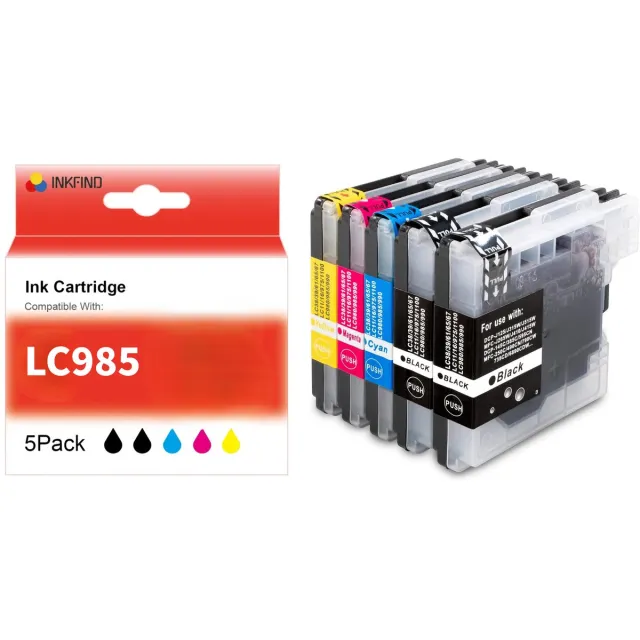 INKFIND LC985 inktcartridge voor Brother LC985 inktcartridge multipack 5 stuks (Zwart x 2, Cyaan x 1, Magenta x 1, Geel x 1)