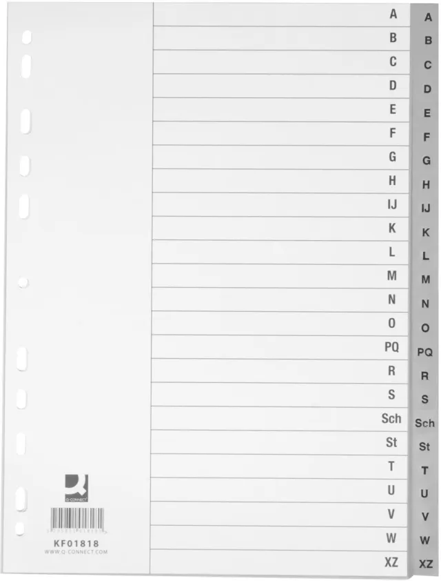 Q-CONNECT tabbladen, A4, PP, 4-gaatsperforatie, met indexblad, set van A-Z, 24 tabs, grijs