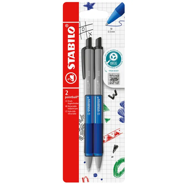 Stabilo Balpen STABILO pointball colorful medium blauw blister à 2 stuks