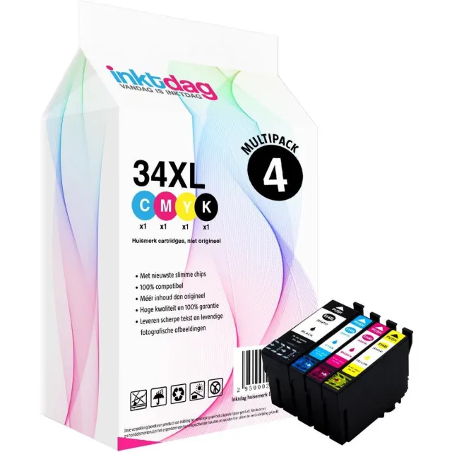 inktdag inktcartridges voor Epson 34/ Epson 34XL, multipack van 4 kleuren (1*BK, C, M en Y) voor Epson WorkForce Pro WF-3720, 3720 -DWF, WF-3725-DWF zwart