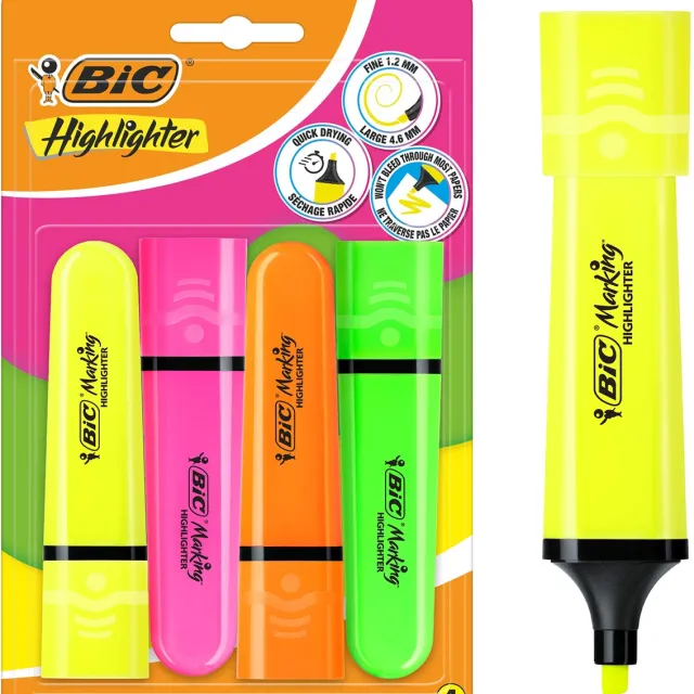 Bic markeerstift Highlighter Flat, geassorteerde kleuren, blister van 4 stuks