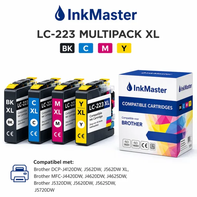 inkmaster Inktcartridge compatibel voor Brother LC223 XL Multipack 4 x kleuren (bk 20 ml ) kleur (12ml) DCP-J4120DW MFC-J4420DW MFC-J4425DW MFC-J4620DW MFC-J4625DW MFC-J5320DW MFC-J5620DW MFC-J5625DW MFC-J5720DW LC-223 Multipack BK, M, C ,Y