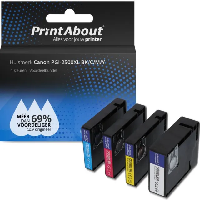 PrintAbout Inktcartridge / Alternatief voor de Canon PGI-2500XL BK / 4 Kleuren 4-kleuren