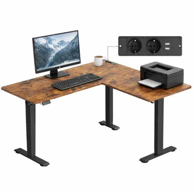 Signature Home Elektrisch Verstelbaar Bureau L-vorm 140x160 cm – Hoekbureau met Geheugenfunctie (2 standen) & Stopcontact – Zit Sta Bureau – Hoekbureau Elektrisch – Bureau Thuiswerk/Kantoor – Bruin Zwart bruin - zwart