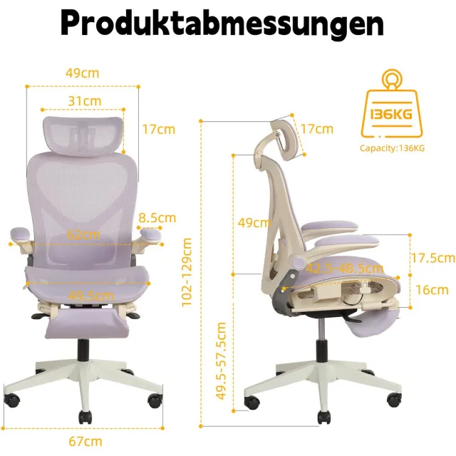 DESMIU Bureaustoel 129 cm Hoog - Ergonomisch Klapbaar - 3D Hoofdsteun en Verstelbare Lendensteun - Voor Kantoor, Studie en Spelen - Netstof Paars