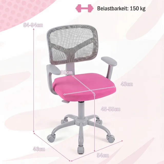 Costway Bureaustoel kinderen met wielen, zithoogte 45-55 cm, Hot Pink