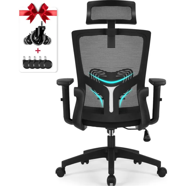 Elekiatech Ergonomische Bureaustoel - Bureaustoel - Bureaustoelen voor Volwassenen - met Verstelbare Hoofdsteun, Armleuningen en Lendensteun - 150 Kg - Zwart Zwart - Basisversie + Stille wielen