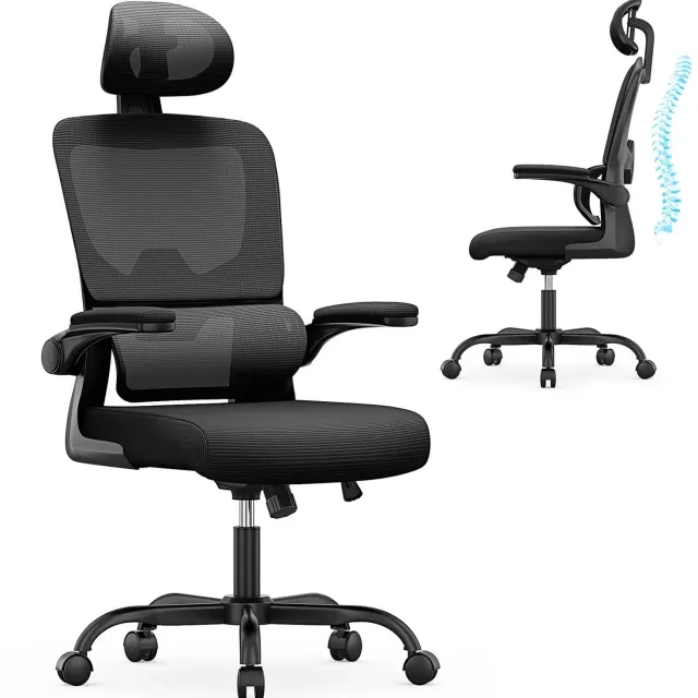 Koop & More K & M - Ergonomische Bureaustoel - Verstelbare Hoofdsteun - Dynamische Lendensteun - Opklapbare Armleuningen - Kantelfunctie 90–120° - Tot 136 kg Zwart