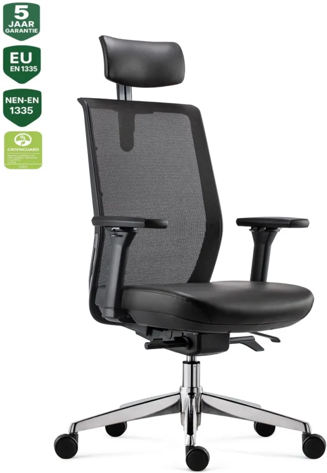 Bens 837HExe-Synchro-4 Zwart - Ergonomische Bureaustoel - Bureaustoel voor volwassenen - Kantoorstoel - Lederen Hoofdsteun - Lederen zitting en Mesh Rugleuning- GREENGUARD GOLD - NEN-EN1335 & ARBO normen Zwart incl. Lederen Hoofdsteun