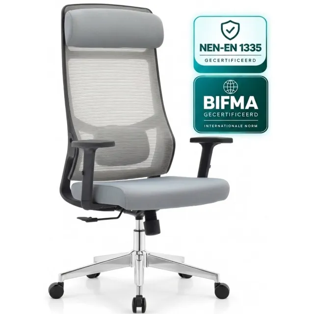OfficeSense OS110 Ergonomische Bureaustoel – Mesh Office Chair – NEN1335-gecertificeerd – Volwassenen – Hoofdsteun – Rugsteun – Grijs