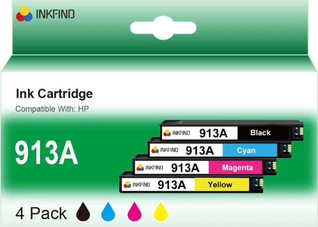 INKFIND 913A inktcartridge voor HP913A HP 913A HP913 HP 913 Multipack van 4 stuks (1 x Zwart, 1 x Cyaan, 1 x Magenta, 1 x Geel) geschikt voor HP PageWide 352dw - 377dn - 377dw - Pro 452dn - HP MFP 477dw - HP MFP 477dwt Zwart x 1, Cyaan x 1, Magenta x 1, Geel x 1