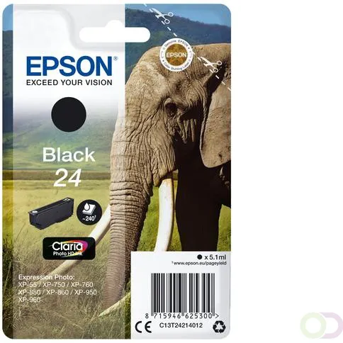 Epson Elephant Singlepack Black 24 Claria Photo HD Ink (C13T24214022) Zwart
