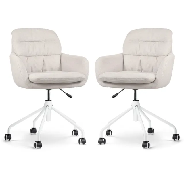 Nolon Nout-Mia Bureaustoelen Set van 2 Beige - met Armleuning - Stof - Verstelbaar - Wieltjes - Wit Onderstel