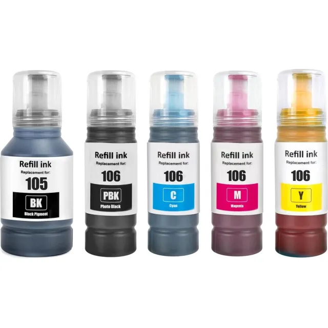 Inktkenners Inkt Geschikt voor Epson EcoTank 105/106 | Multipack van 5x Inktpatronen - Geschikt voor Epson EcoTank Printer ET-7700 en ET-7750 Zwart, Cyaan, Magenta, Geel