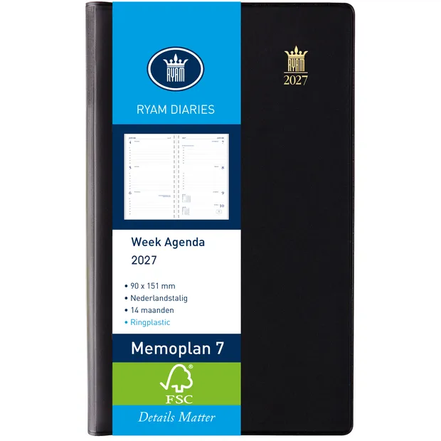 Ryam Agenda 2027 Ryam Memoplan 7 Suprema ringplastic 7dagen/2pagina's zwart