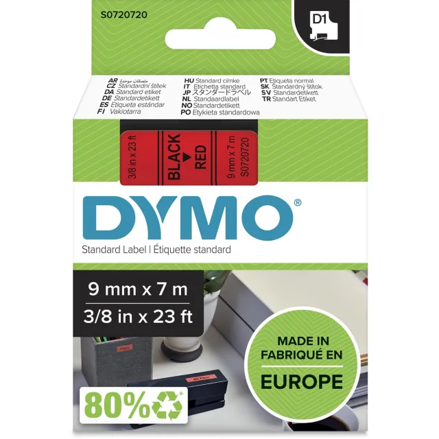 Dymo D1 tape 9 mm, zwart op rood