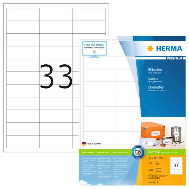 Herma Etiket HERMA 4613 66x25.4mm premium wit 6600 stuks