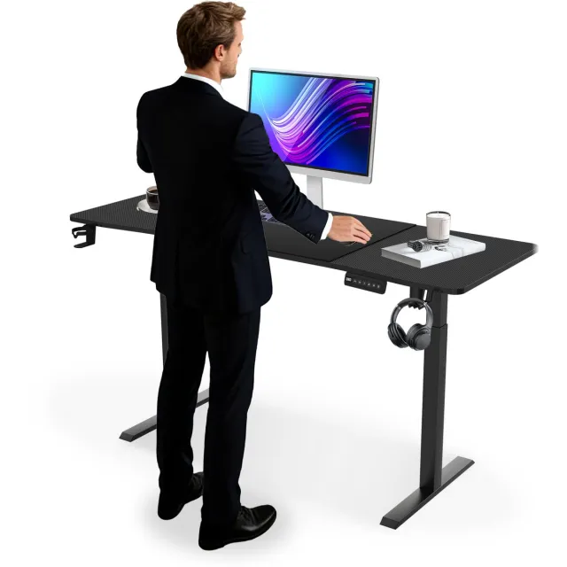 ACXIN Elektrisch Verstelbaar Bureau met Type-C Laadpoort - Zit Sta Bureau met Memoryfunctie - Bekerhouder en Koptelefoonhaak - 140x60cm - Zwart Schwarz